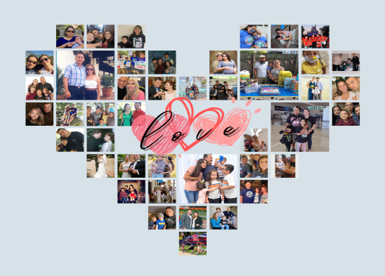 The images depict a collage of photos featuring couples in the shape of a heart. At the center of this heart, there are three illustrated hearts in pink and red, with the word 'love' written across them in black lettering.